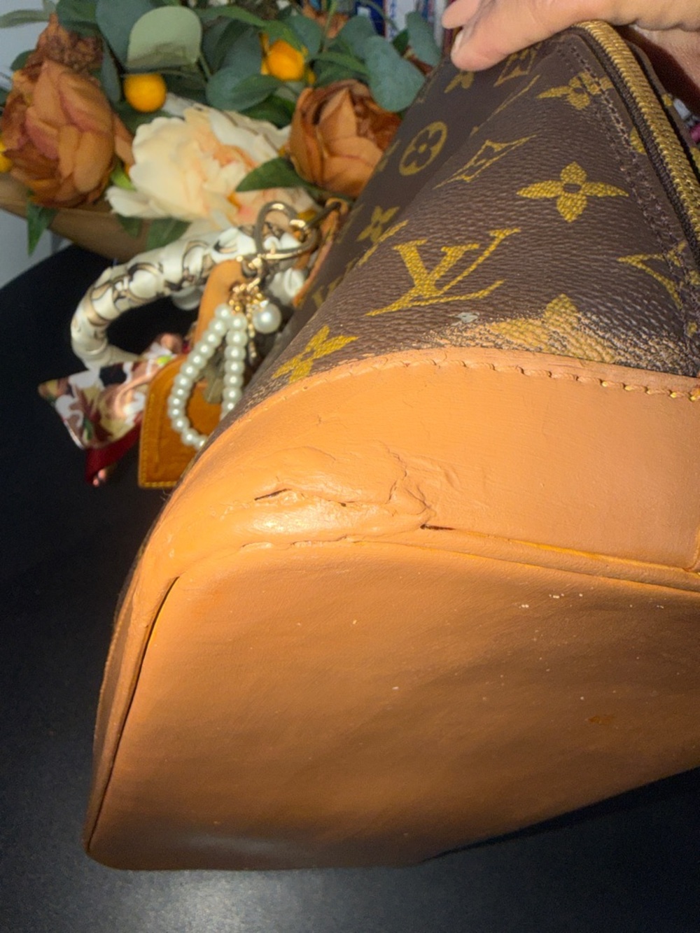 Louis Vuitton Alma Brown Monogram Satchel with Tan Trim and Red Accent Scarves - Picture 7 of 14